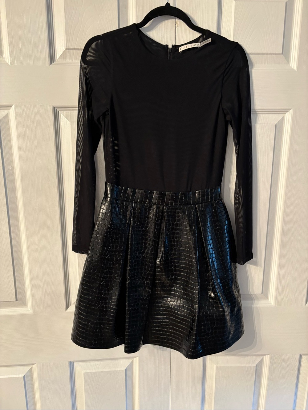Alice + Olivia Black Long-Sleeve Mini Dress with Croc-Textured Skirt
